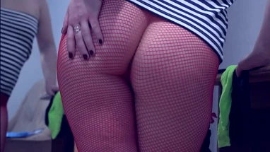 Brunette tries on nylon stockings and pantyhose. Foot fetish and walking ass. Amateur.