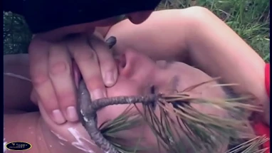 Blonde girl gets fucked in the woods by a masked man